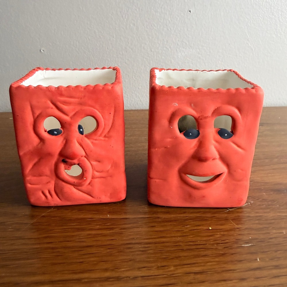 Vintage Garden Ridge Halloween Ceramic Face Votive Candle Holders Set of 2